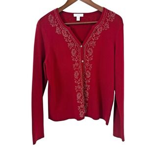 Charter Club Embroidered Sweater Cardigan SZ Med Petite Red Button Down Beaded